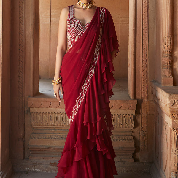 Buy Maroon Color Ruffle Saree Online on Fresh Look Fashion